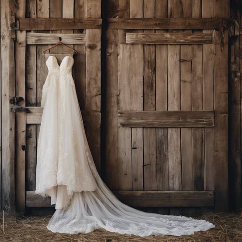 Elegancka suknia ślubna z ręcznie haftowanymi detalami, wisząca przed rustykalnymi drzwiami stodoły.