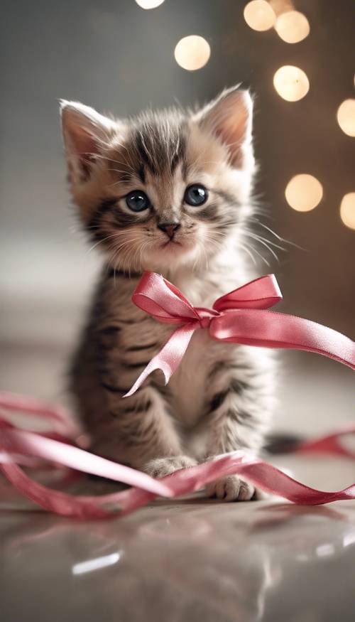 A kitten playing with a ribbon in the shape of a heart.