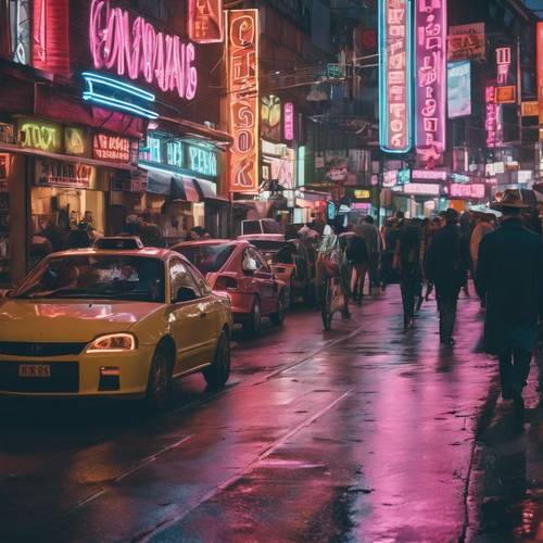 Bei Einbruch der Nacht werden die geschäftigen pastellfarbenen Straßen der Stadt mit Neonschildern erleuchtet.