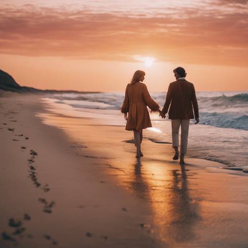Una pareja disfrutando de un romántico paseo por una playa de los años 70 bajo una vibrante puesta de sol.
