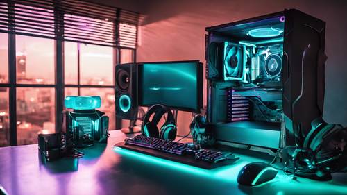 Ein futuristisches Bild eines Gaming-PC-Setups, das im kühlen Farbton türkisfarbener LED-Lichter leuchtet. Der Raum strahlt die verführerische Aura eines Gamer-Paradieses aus.