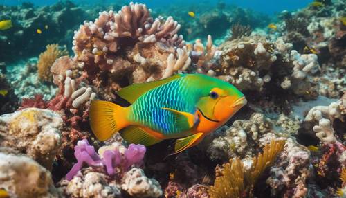 Яркая разноцветная рыба-попугай грызет кораллы на рифе, изобилующем морской жизнью, купаясь в теплом полуденном солнечном свете.