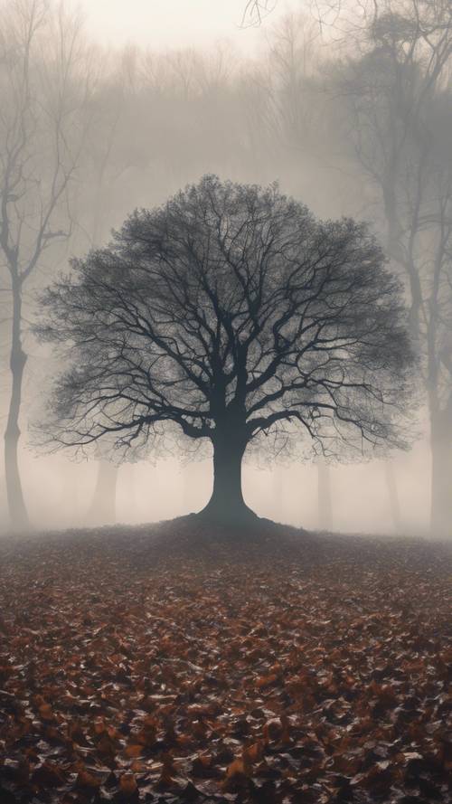 A silhouette of a tree with all its leaves fallen is standing against a foggy morning backdrop. A deep quote about loss and rebirth overlays the image. Tapeta [9bd023a6b1a24becb71c]