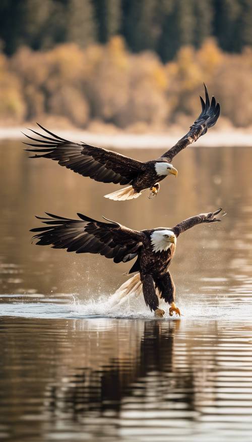 고요한 호수에서 물고기를 잡기 위해 우아하게 날아오르는 독수리.