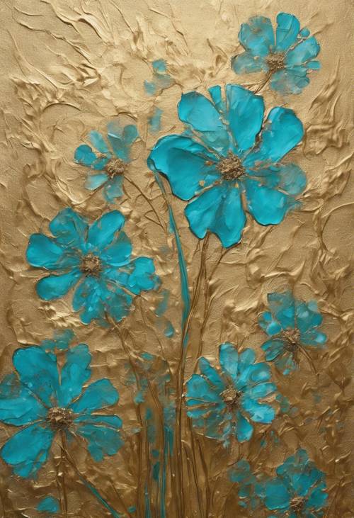 Altın bir tuval üzerine turkuaz çiçeklerden oluşan soyut bir tablo.