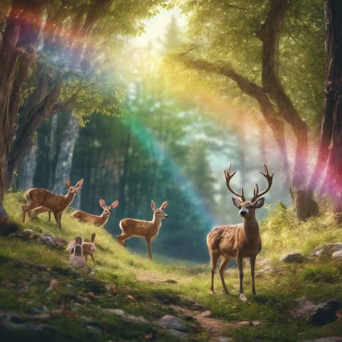 Eine perspektivische Ansicht einer ruhigen Waldlandschaft mit herumtollenden Rehen und Kaninchen unter einem Regenbogenbogen.