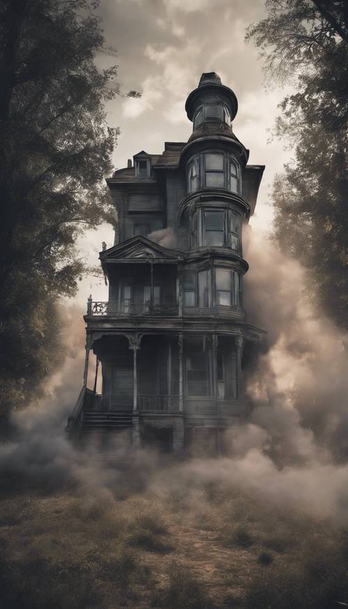 Bản vẽ 3D kỹ thuật số về một ngôi nhà ma ám đầy khói, với những hình thù ma quái ẩn trong làn khói.