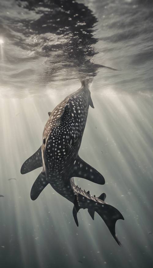 A whale shark gracefully swimming alongside a group of playful dolphins in the tropical ocean at sundown.