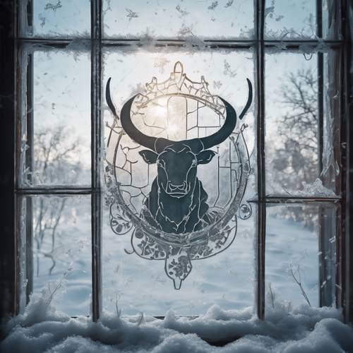 A Taurus symbol traced in the frost on a glass window pane, with a snowy winter landscape in the background.