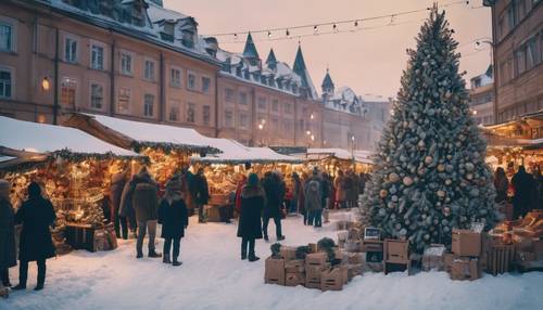 Оживленный рождественский рынок елок в самом центре заснеженного города.