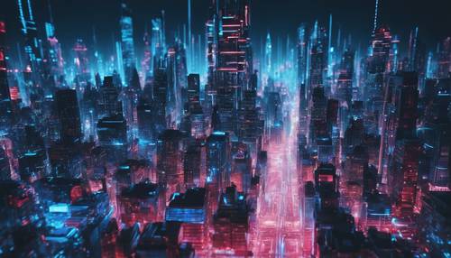 An abstract representation of a nocturnal cityscape bleeding blue neon lights against a pristine white background.