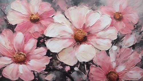 A hand-painted canvas of abstract pink and white flowers with thick, textured strokes.