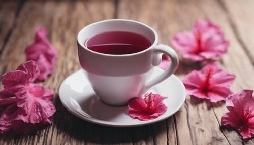 木桌上放著一杯白色陶瓷杯，裡面裝著深粉紅色木槿茶。