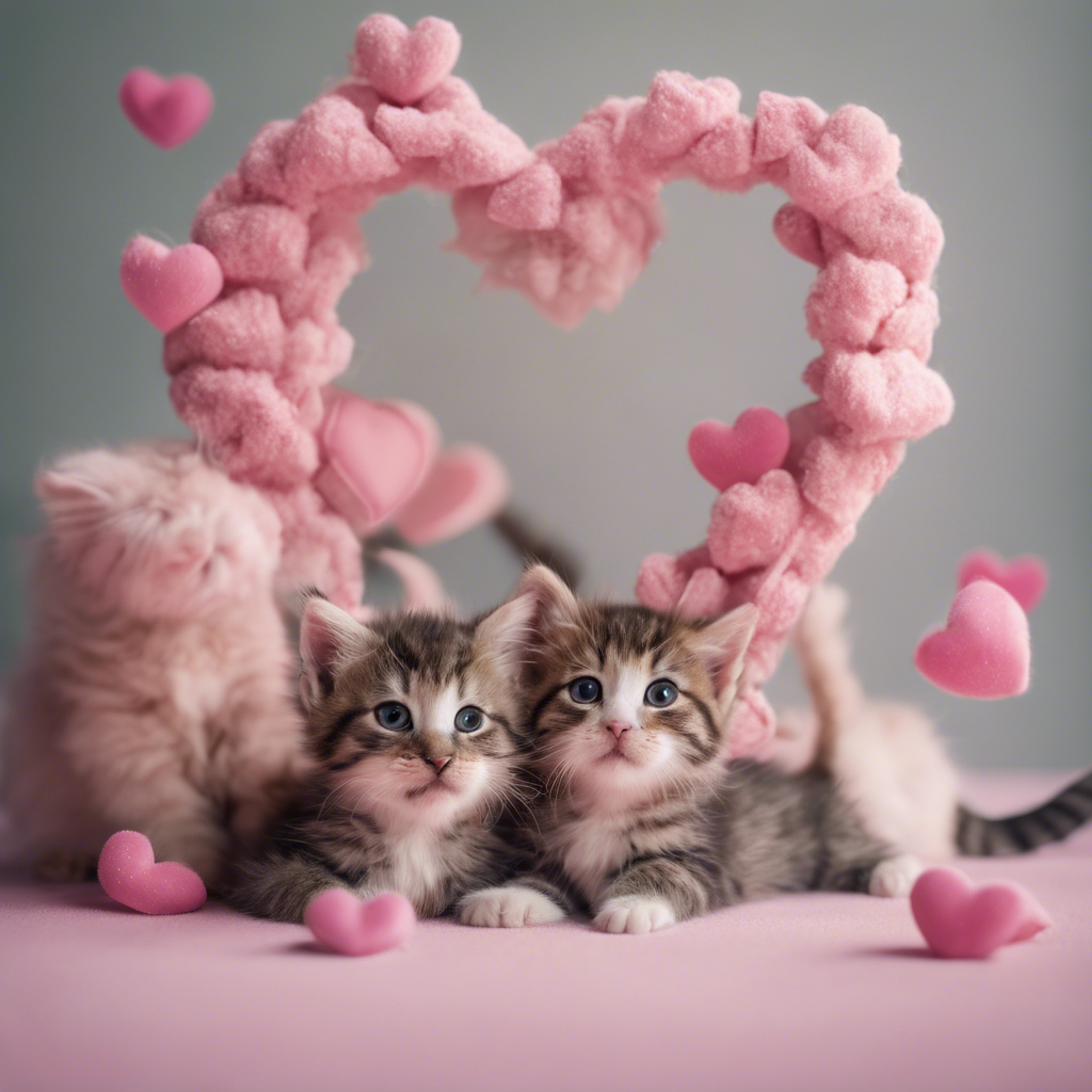 A litter of playful kitties cuddling to form a pink heart shape. Wallpaper[a2dfdb405dfe4c45ad0a]
