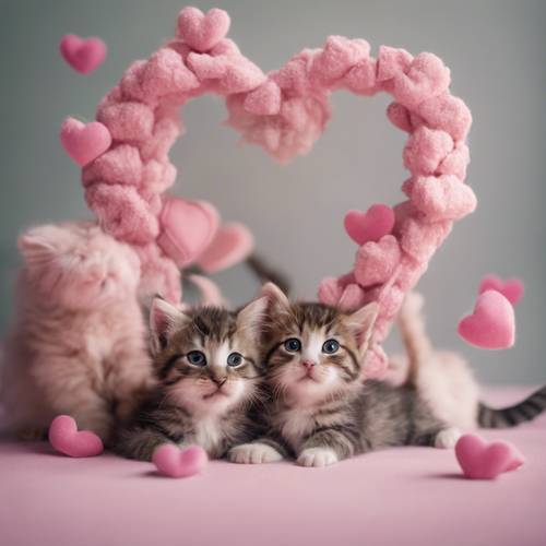一窝顽皮的小猫互相依偎，形成一个粉红色的心形。