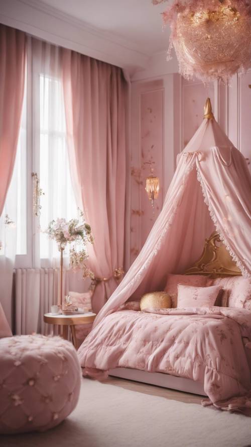 Kamar tidur seorang gadis muda, didekorasi dengan tema dongeng merah jambu dan emas.