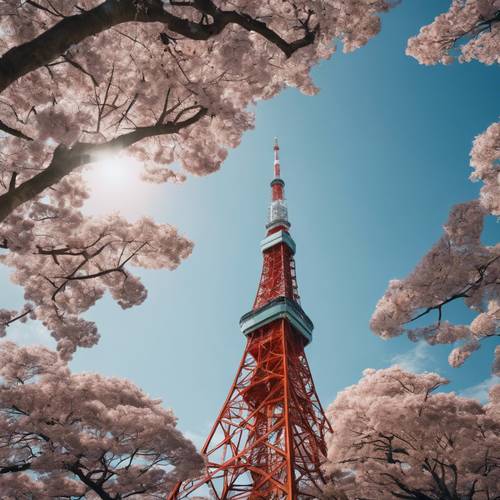 Tokyo Tower from a low-angle dramatic perspective, stretching high into a clear azure sky.