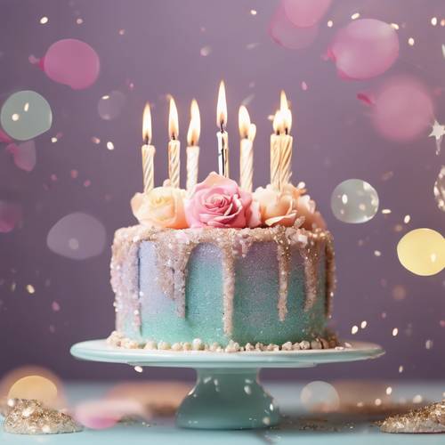 Um bolo de aniversário com brilho pastel ricamente decorado.