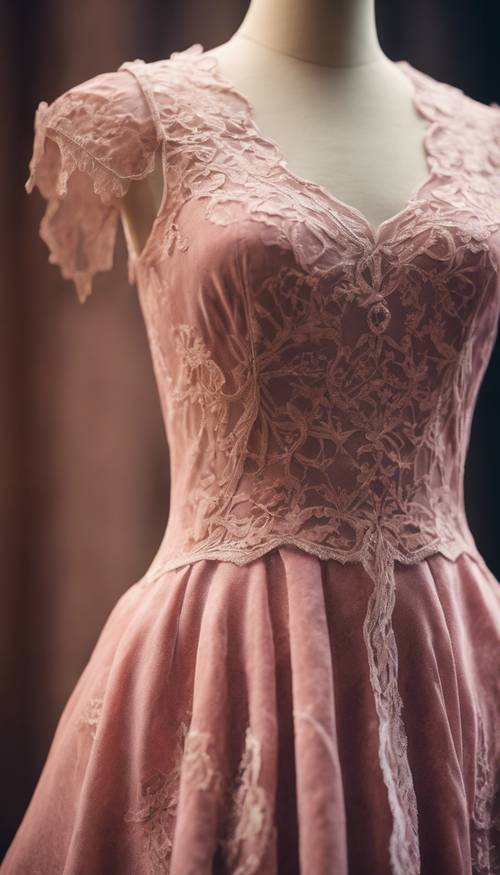 A pink velvet dress with intricate lace details hung on a vintage mannequin.