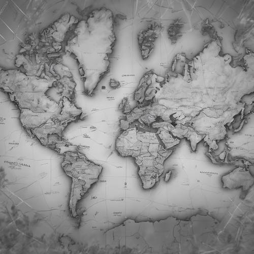 Una mappa del mondo vista attraverso gli occhi di qualcuno daltonico, raffigurata in sfumature di grigio.