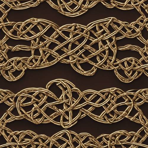 초콜릿 브라운 캔버스에 골드 켈트 매듭이 복잡한 패턴으로 얽혀 있습니다.