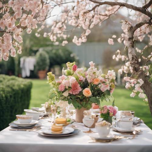 Uma mesa de jardim lindamente posta para um brunch de primavera formal, completo com arranjos florais de cores suaves e convidados em trajes casuais elegantes complementares.