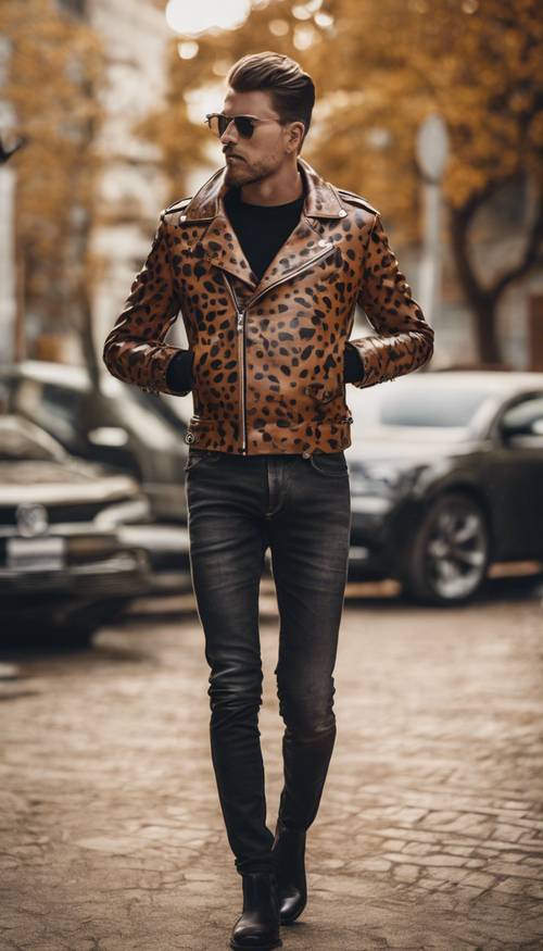 A stylish leather jacket design inspired by brown cow print