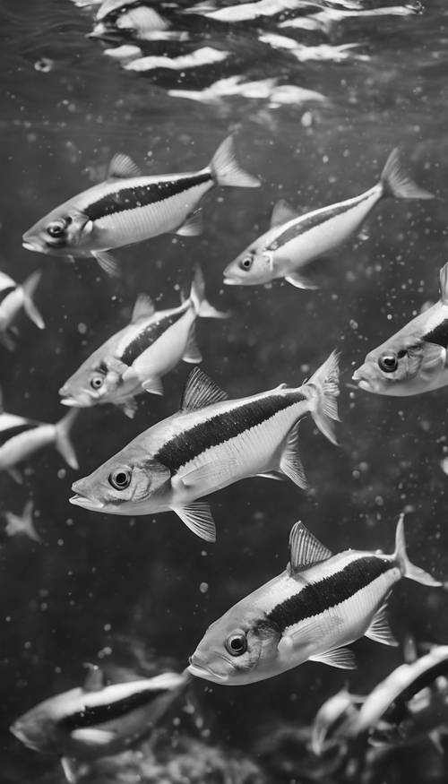 A shoal of black and white striped fishes swimming together against the current in a deep river.