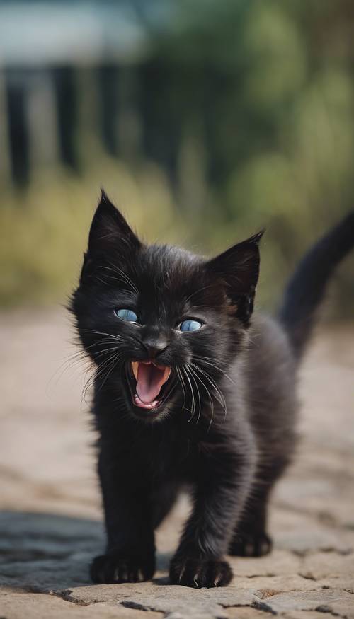 ลูกแมวสีดำน่ารักหาวโดยมองเห็นด้านในปากและฟันเล็กๆ ของมัน