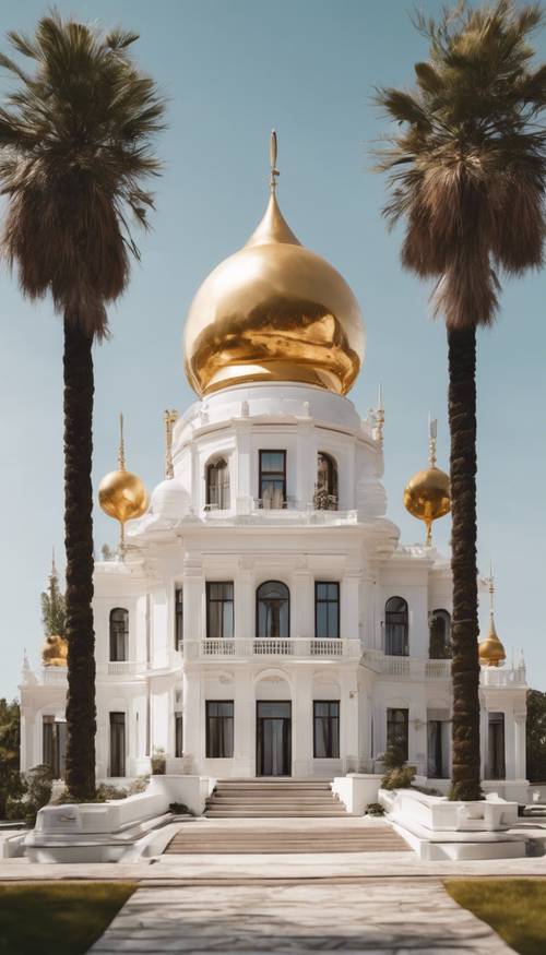 阳光明媚的日子里，一座有着金色圆顶的优雅的白色宫殿。