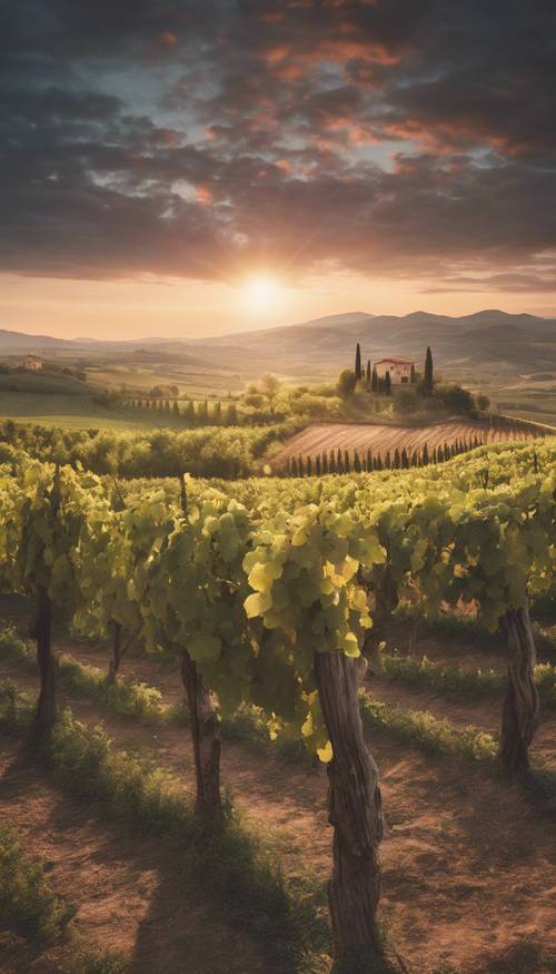 Matahari terbit yang halus di atas kebun anggur Tuscany, Italia