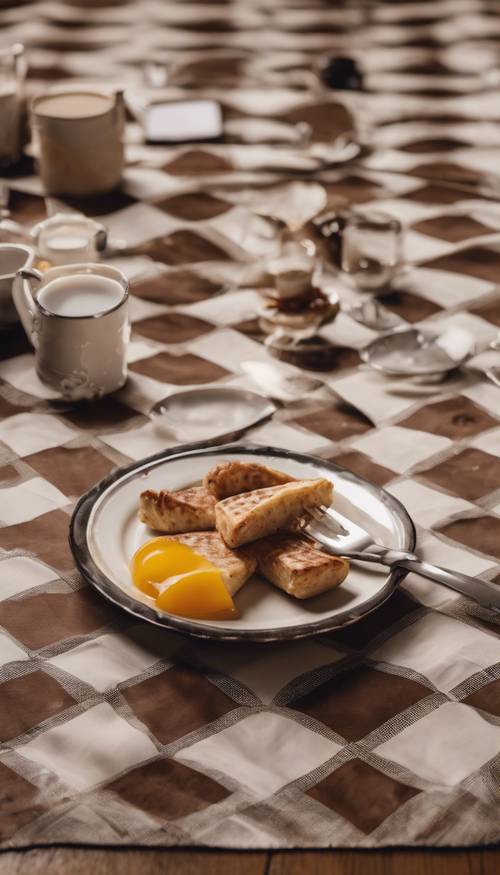 Uma imagem de uma toalha de mesa xadrez marrom disposta sobre uma mesa de jantar de madeira rústica preparada para o café da manhã