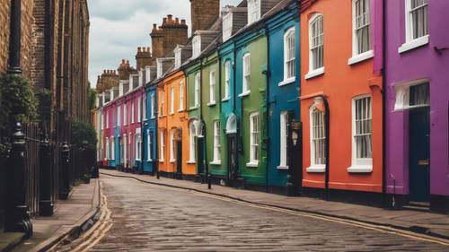 A picturesque lane lined with colourful Victorian houses in London.