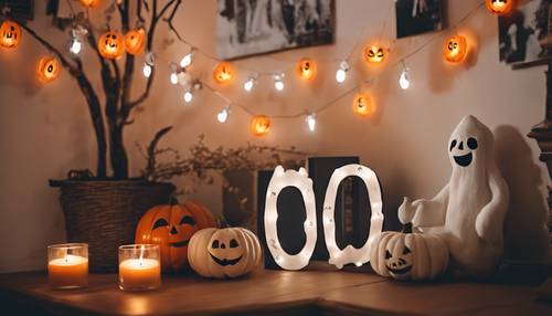 Um canto formal em um apartamento, adornado com decorações de Halloween: cordões de lindas luzes fantasmas, pequenas abóboras feitas à mão, uma placa de bom gosto &#39;Boo&#39;.