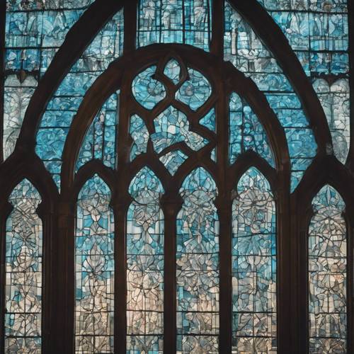 Một cửa sổ kính màu xanh pastel phức tạp tại một nhà thờ lịch sử.