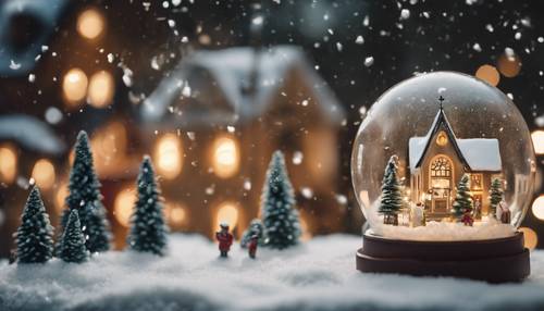 Um globo de neve apresentando uma vila natalina invernal, neve caindo suavemente em casinhas pitorescas, uma torre de igreja erguida acima da vila e crianças cantando em torno de um grande abeto.