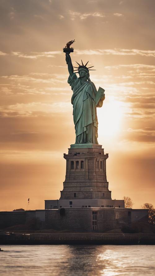 The Statue of Liberty at dawn, with the first rays of sun illuminating her crown.