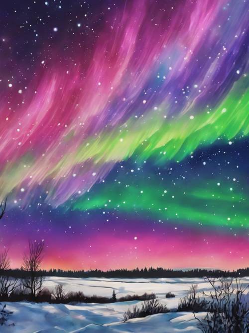 Aurora borealis, çıplak kış gökyüzünde canlı renklerin ustaca vuruşlarını çiziyor.
