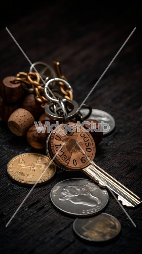 木質表面上的老式鑰匙和硬幣