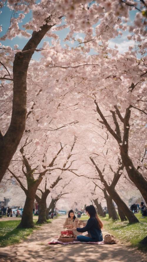 Un picnic bajo los cerezos en flor en un hermoso día de primavera.