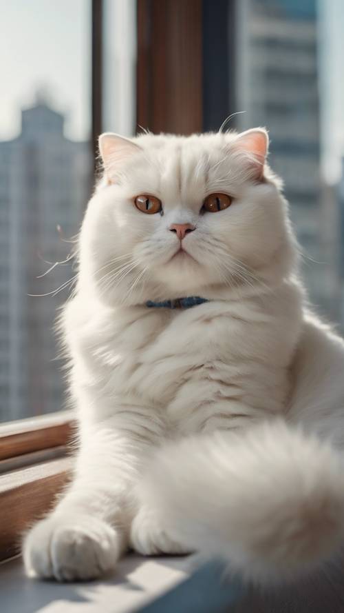 Eine junge, flauschige, weiße Scottish Fold-Katze, die träge auf einem sonnigen Fensterbrett herumlümmelt, vor der Kulisse einer geschäftigen Stadt.
