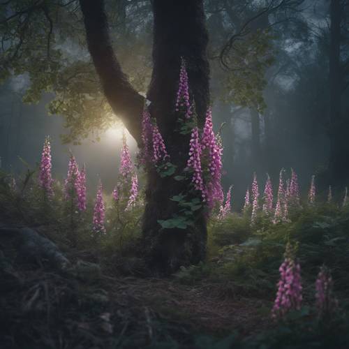 Una escena mágica de un antiguo árbol de dedalera brillando bajo la luz de la luna en un bosque místico. Fondo de pantalla [3dcdf2abf605482c84ee]