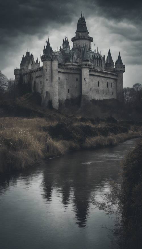 Um grande castelo gótico pairando sobre um sinistro fosso negro sob pesadas nuvens cinzentas.