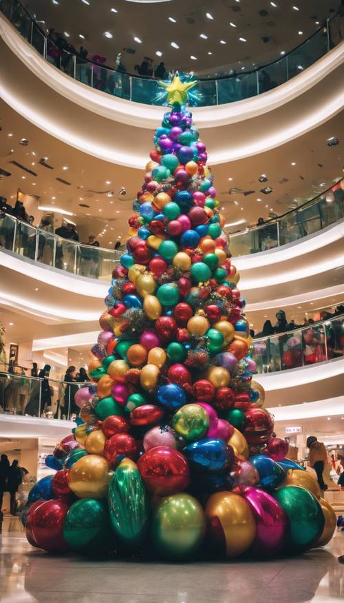 Un árbol de Navidad inflable, lleno de colores vibrantes y luces brillantes en un centro comercial lleno de gente.