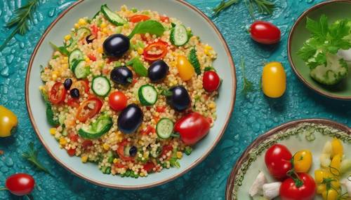 A colorful couscous salad with peppers, cucumbers, cherry tomatoes, and olives on a teal ceramic plate.