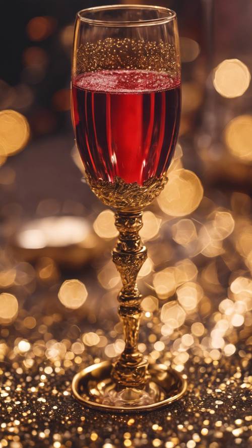 An elegant gold-rimmed red goblet full of sparkling wine