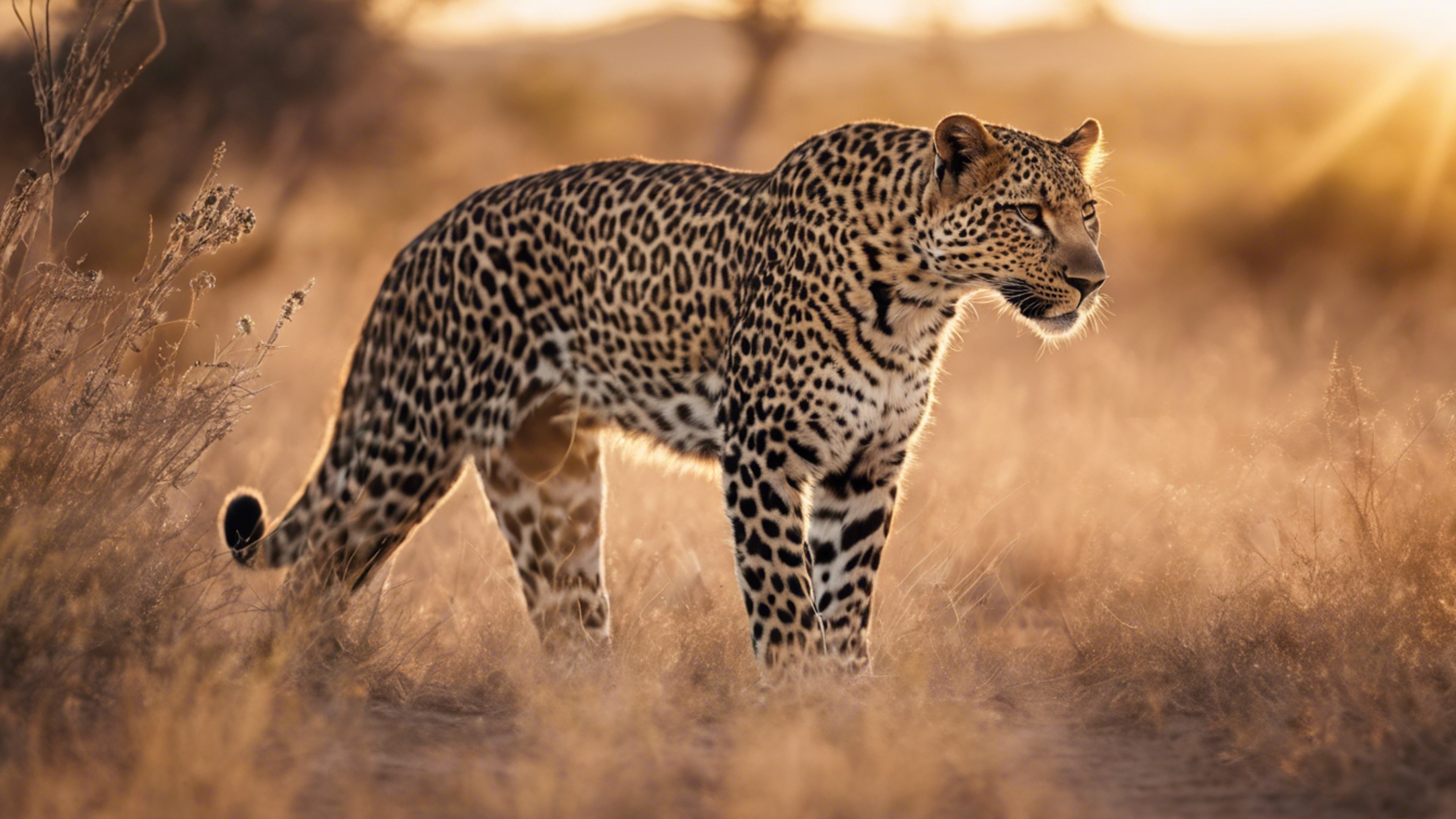 An exhilirating sight of a poised leopard preparing for a sprint in an African savannah under a radiant sunset. Wallpaper[7b65642c729d452b9bb9]