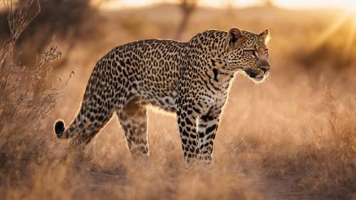 An exhilirating sight of a poised leopard preparing for a sprint in an African savannah under a radiant sunset.