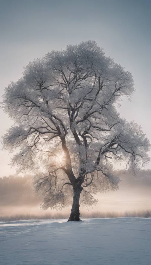 Uma árvore alta e cinzenta em uma paisagem nevada capturada ao amanhecer.