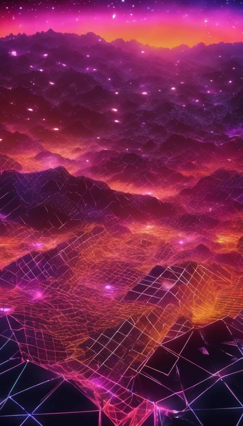 Flying above an endless 3D grid of neon mountains under a star-studded sky. Tapeta [2699d638f89a49539f12]